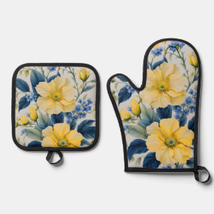 Ensemble De Gant De Cuisine Et De Manique Belles Fleurs Jaunes et Bleues