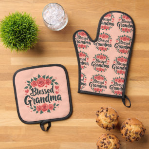 Ensemble De Gant De Cuisine Et De Manique Bienheureuse Grand-mère Florale Vintage Rose Typog