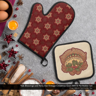 Ensemble De Gant De Cuisine Et De Manique Bienheureux Yule et Noël Vintage Holly Star