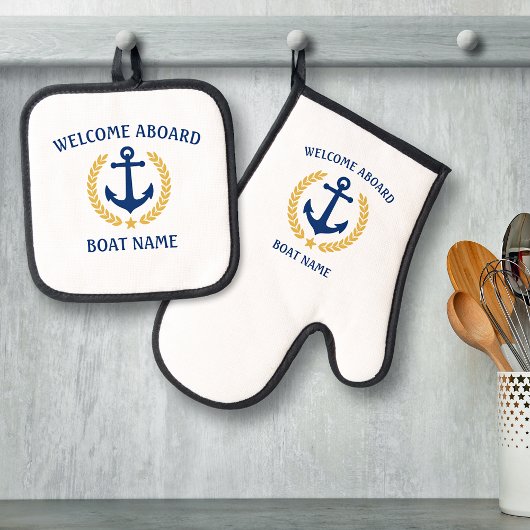 Ensemble De Gant De Cuisine Et De Manique Bienvenue à bord Nom du bateau Ancre Gold Laurel S