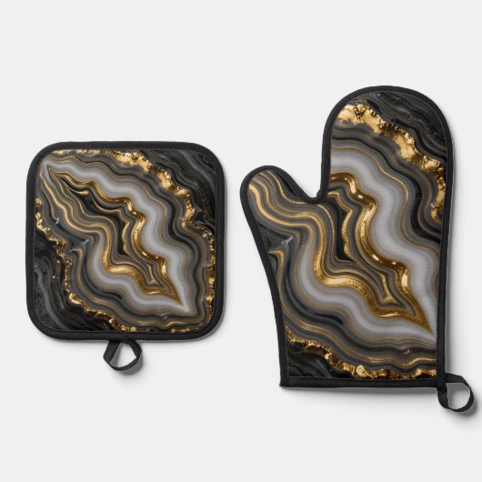 Ensemble De Gant De Cuisine Et De Manique Black Gold Agate Geode Luxury Marble (Recto)