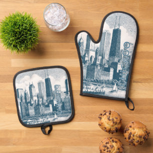 Ensemble De Gant De Cuisine Et De Manique Blanc bleu Chicago