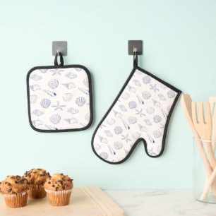Ensemble De Gant De Cuisine Et De Manique Bleu blanc Main dessinée Sea Shells Plage Été