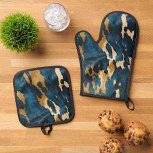 Ensemble De Gant De Cuisine Et De Manique Bleu Crème Occidentale