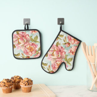 Ensemble De Gant De Cuisine Et De Manique Bleu et rose floral shabby chic