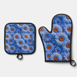 Ensemble De Gant De Cuisine Et De Manique Bleu floral bleu tournesol bleu marguerites motif