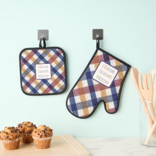 Ensemble De Gant De Cuisine Et De Manique Bleu Rouge Blanc Or Maison Sweet Home
