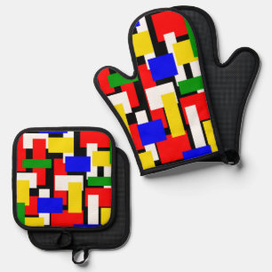 Ensemble De Gant De Cuisine Et De Manique Blocs rouge, jaune, noir, bleu et vert