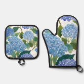 Ensemble De Gant De Cuisine Et De Manique Blue Hydrangeas | Beau Floral Bush (Recto)