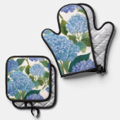Ensemble De Gant De Cuisine Et De Manique Blue Hydrangeas | Beau Floral Bush (Recto/Verso)