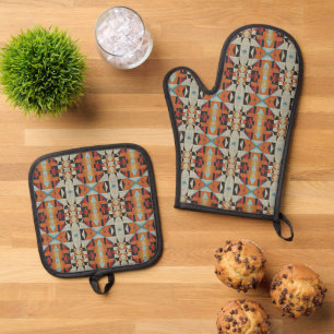 Ensemble De Gant De Cuisine Et De Manique Blue Red Orange Taupe Brown Black Tribal Art