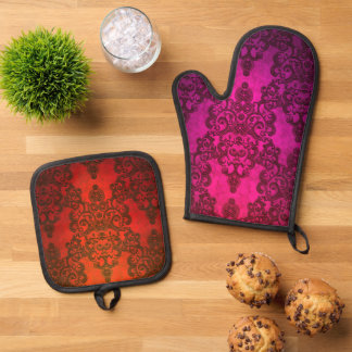 Ensemble De Gant De Cuisine Et De Manique Boho Damask Vibrant rose et rouge Motif