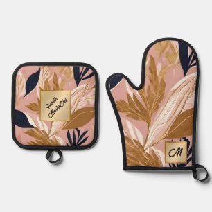 Ensemble De Gant De Cuisine Et De Manique Boho rose vif Feuilles Collection moderne