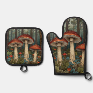 Ensemble De Gant De Cuisine Et De Manique Boho vintage champignons forêt