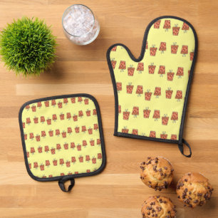 Ensemble De Gant De Cuisine Et De Manique Boîtes cadeaux Brown avec motif de coeur
