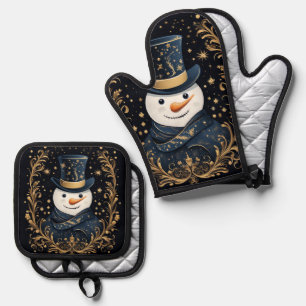Ensemble De Gant De Cuisine Et De Manique Bonhomme de neige à chapeau bleu pour les fêtes