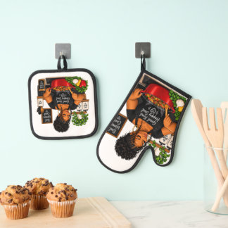 Ensemble De Gant De Cuisine Et De Manique "Bonne nourriture, âme heureuse"