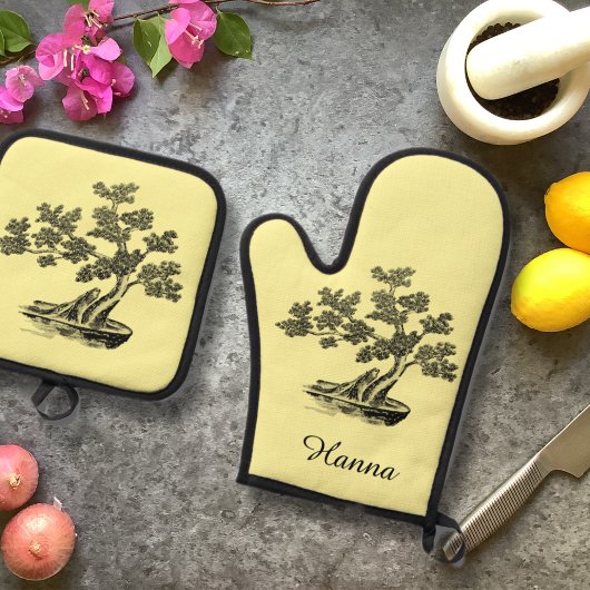 Ensemble De Gant De Cuisine Et De Manique Bonsai - Style chinois - noir et blanc