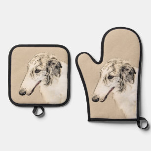 Ensemble De Gant De Cuisine Et De Manique Borzoi Argent Brindle Peinture Wolfhound Chien Art