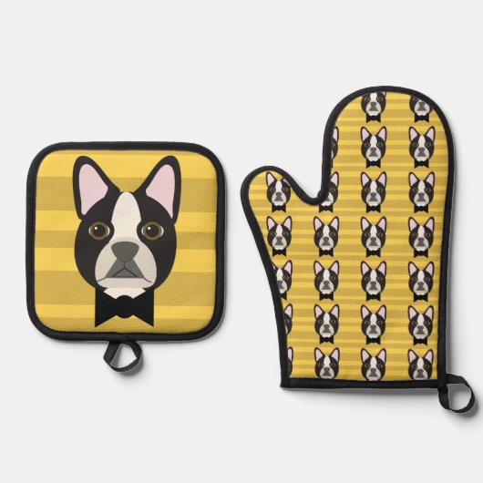 Ensemble De Gant De Cuisine Et De Manique Boston Terrier (Recto)