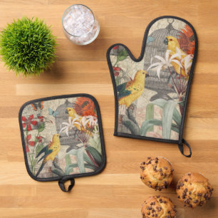 Ensemble De Gant De Cuisine Et De Manique Botanique Vintage Oiseaux Nature Tropical Antique