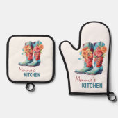 Ensemble De Gant De Cuisine Et De Manique Bottes et fleurs de cowboy bleu (Recto)