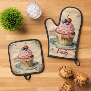 Ensemble De Gant De Cuisine Et De Manique Boulangerie vintage Pâtisserie Chef Cupcake Baker 