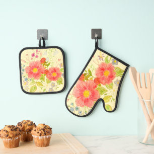 Ensemble De Gant De Cuisine Et De Manique Bouquet de fleurs