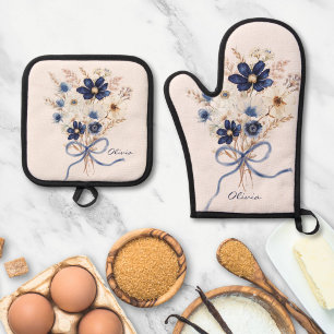 Ensemble De Gant De Cuisine Et De Manique Bouquet de fleurs bleu marine aquarelle personnali