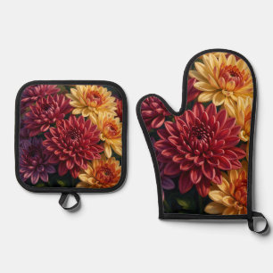 Ensemble De Gant De Cuisine Et De Manique Bouquet floral de dahlia vibrant