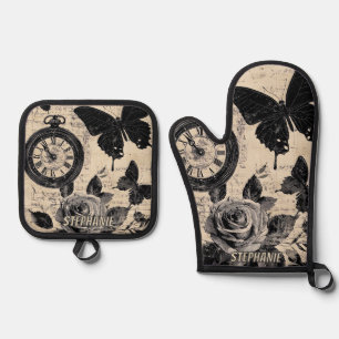 Ensemble De Gant De Cuisine Et De Manique Boussole Papillon Floral Sépia Errance