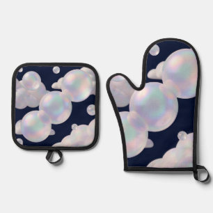 Ensemble De Gant De Cuisine Et De Manique Bulles de Savon Iridescentes Flottantes Bleu Nuit 