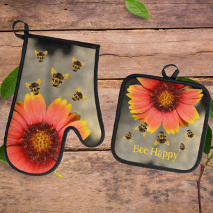 Ensemble De Gant De Cuisine Et De Manique Bumblebebees et Orange Gaillardia Tournesol Floral