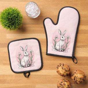 Ensemble De Gant De Cuisine Et De Manique Bunny et Lilies