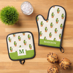 Ensemble De Gant De Cuisine Et De Manique Cactus et Motif de point de polk Succulent