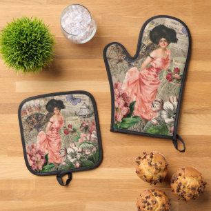 Ensemble De Gant De Cuisine Et De Manique Café Lady Victorian Femme Rose Classy