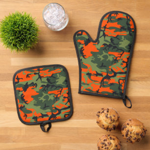 Ensemble De Gant De Cuisine Et De Manique Camouflage orange et vert, Militaire, Armée