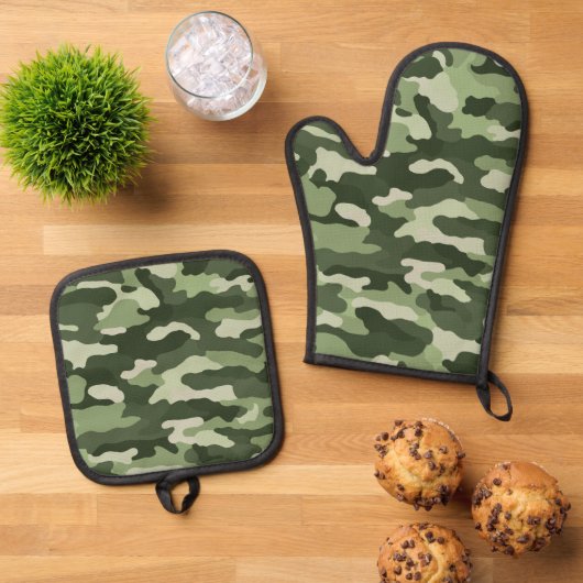 Ensemble De Gant De Cuisine Et De Manique Camouflage vert forestier (De haut en bas)