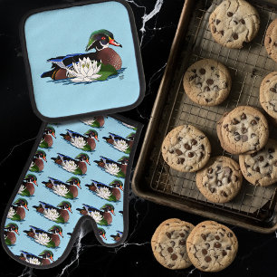 Ensemble De Gant De Cuisine Et De Manique Canard en bois coloré nénuphar faune bleu