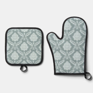 Ensemble De Gant De Cuisine Et De Manique Canard Rococo Motif Damassé Œuf Bleu+Turquoise