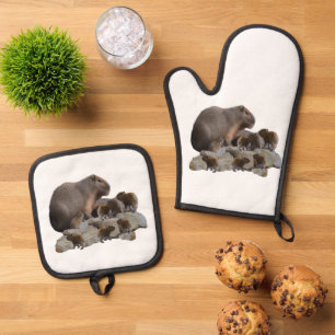 Ensemble De Gant De Cuisine Et De Manique Capybaras De Mère Et De Bébé,