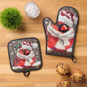 Ensemble De Gant De Cuisine Et De Manique Cardinal Bird Scarf & Casquette en Noël de neige