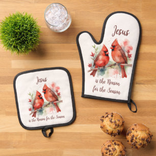 Ensemble De Gant De Cuisine Et De Manique Cardinal rouge de Noël Jésus raison de la saison