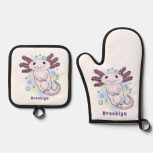 Ensemble De Gant De Cuisine Et De Manique Caricature axolotl rose adorable