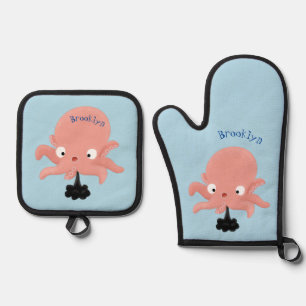 Ensemble De Gant De Cuisine Et De Manique Caricature de bébé pieuvre rose mignonne humour