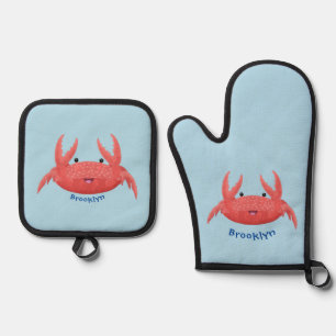 Ensemble De Gant De Cuisine Et De Manique Caricature de crabe rouge cuite