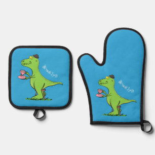 Ensemble De Gant De Cuisine Et De Manique Caricature de dinosaure vert t rex