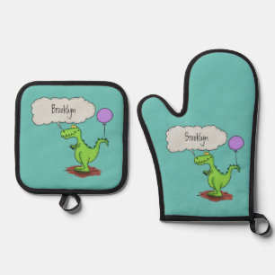 Ensemble De Gant De Cuisine Et De Manique Caricature de dragon dragon drôle et vert respiran
