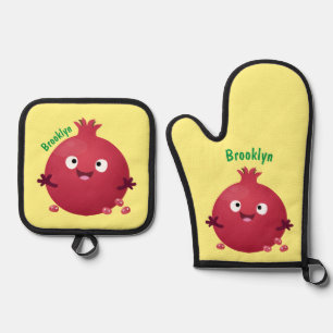 Ensemble De Gant De Cuisine Et De Manique Caricature de fruits à la grenade joyeux