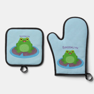 Ensemble De Gant De Cuisine Et De Manique Caricature de grenouille verte mignonne